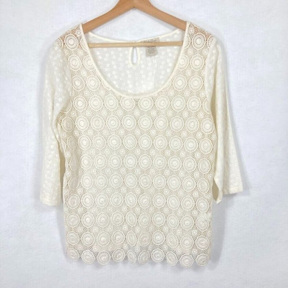 Lucky Brand Embroidered Lace Top Semi Sheer 3/4 Sleeve Boho Prep Oversized S
